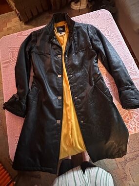 Versace Black Leather Coat with Gold Lining